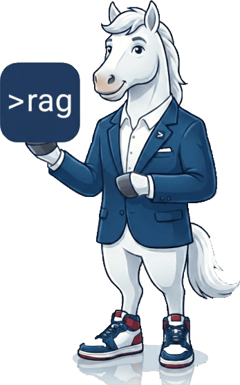 Der Amtsschimmel, das Maskottchen von amtsschimmel.ai, im Anzug mit dem rag-Schild